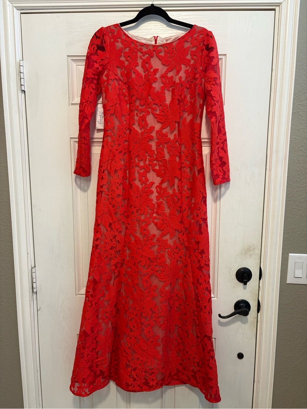 Red Lace Long-Sleeve Maxi Dress by